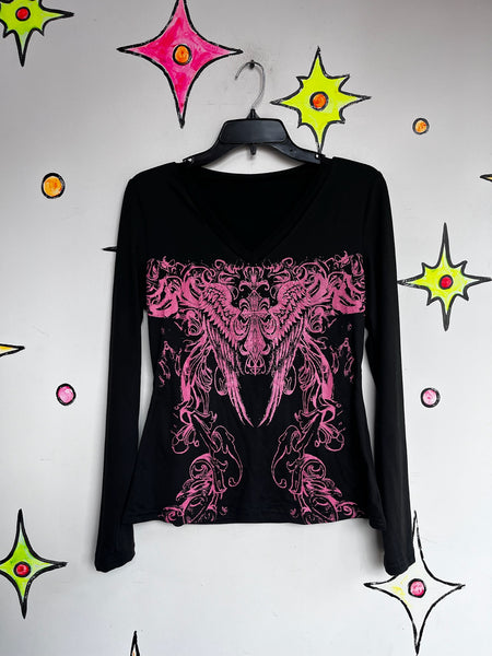 Y2K Grunge Tattoo Print Tee - Fairy Grunge Goth McBling Vintage T Shirt - L
