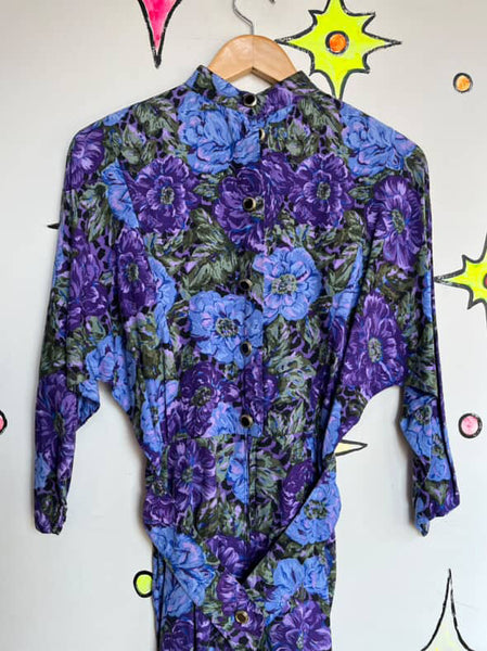 Vintage 1980s Purple Floral Batwing Secretary Dress - Boho Grunge Midi - Small
