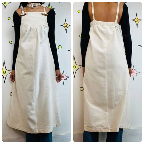 Vintage 70s 80s Off White Corduroy Overall Midi Dress - Boho Grunge - Size M