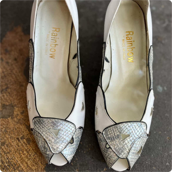 Vintage 80s White and Silver Snakeskin Leather Pumps | Italian Heels | 6.5/7