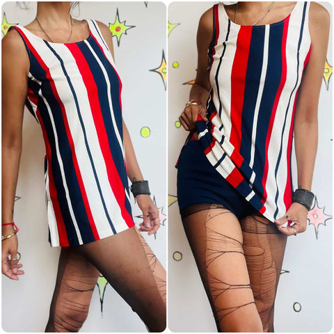 60s 2 piece Swimsuit Set Red White and Navy Nautical - Gidget - Playsuit - Small