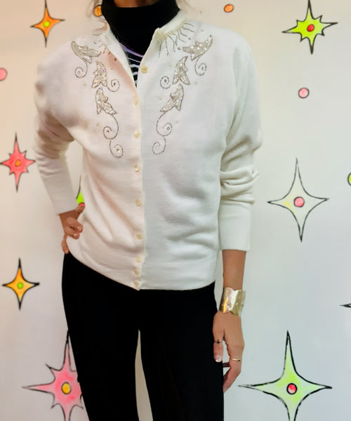 Vintage 1950s Creamy White Beaded Cardigan Sweater - Soft Fuzzy – Beaded - M