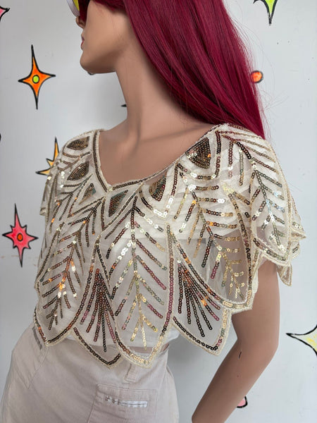Vintage Gold Sequin Flapper Cape Art Deco Beaded Shrug Glam Festival Rave