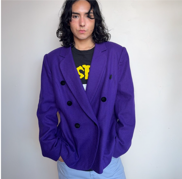 Vintage 1980s Purple Wool Blazer Retro Goth Maximalist Academia Jacket XL
