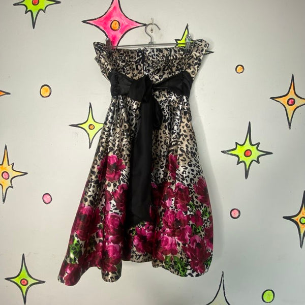 Y2K Leopard Print Strapless Mini Pink Floral Party Dress Fairy Grunge XS