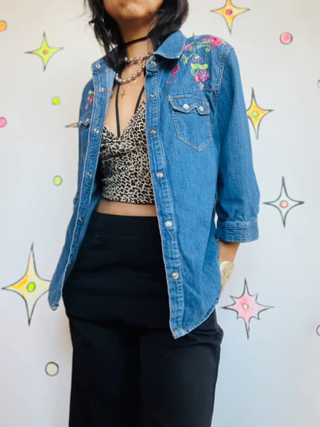 Vintage 90s Route 66 Embellish Denim Pearl Snap Top Fairy Grunge Western Boho M