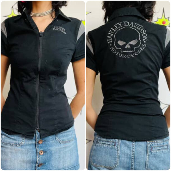 Black Zip‑Up Harley Davidson Racing Shirt - Genuine Motorclothes XS - Vintage