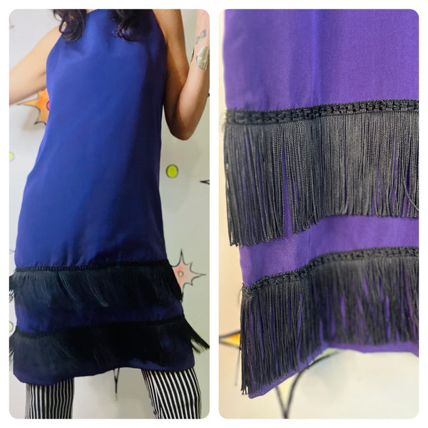 Purple & Black Flapper Fringe Dress – 1920s Gatsby Holiday Party Costume - M