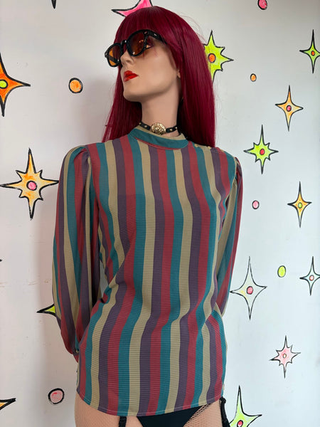 Vintage 70s Rainbow Striped Secretary Blouse Retro Dark Academia L