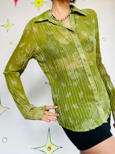 Vintage 90s Y2K Sheer Green Long Sleeve Fairy Grunge Whimsy Boho Blouse - M