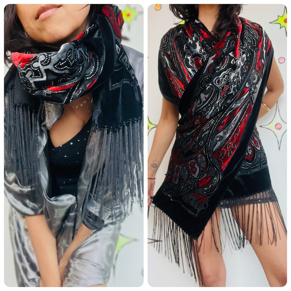 Vintage Black & Red Velvet Fringe Shawl Western Boho Flapper Witchy Goth Scarf