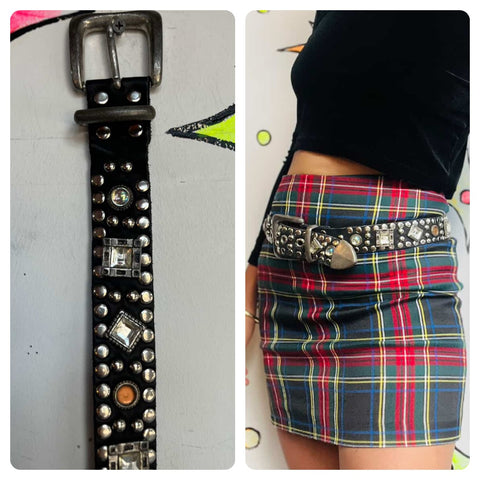 Y2K Leather Heavily Embellished Studded Rhinestone Belt Fairy Grunge 29" - 32.5"