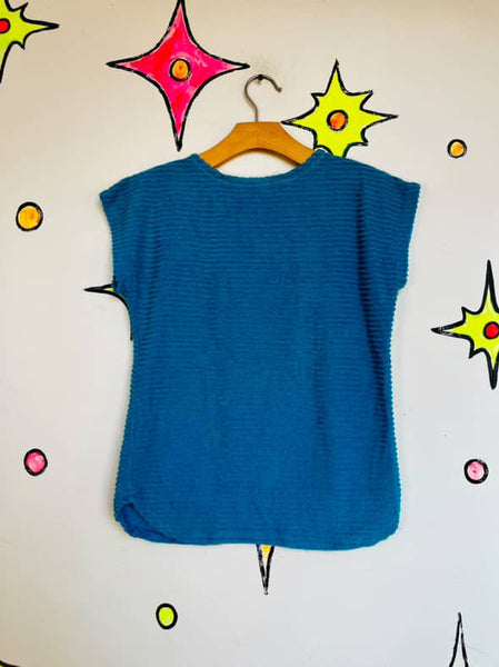 Vintage 70s 80s Blue Retro Ribbed Terrycloth Top – Soft Cozy Knit XS