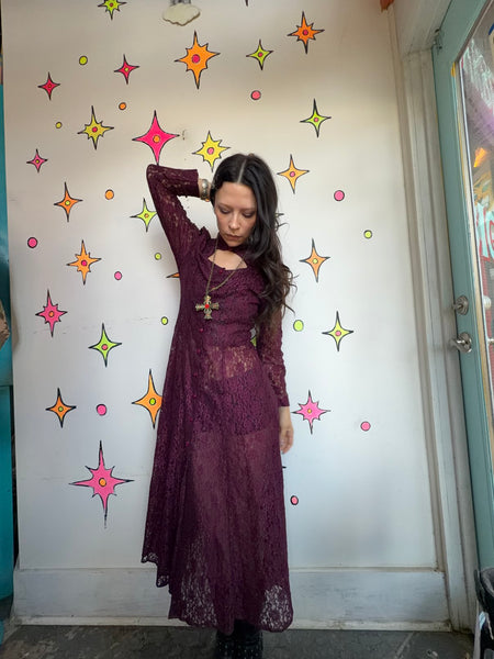 Vintage 90s Merlot Lace Maxi Dress Sheer Romantic Goth Prairie Fairy Grunge - S