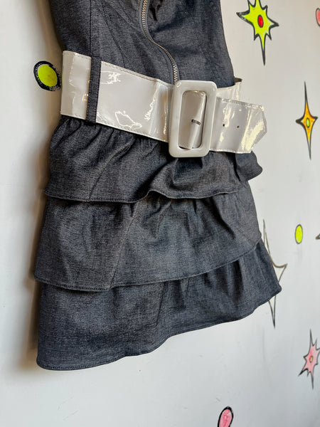 Vintage Y2K Denim Ruffled Halter Mini Dress – Fairy Grunge Coquette – M