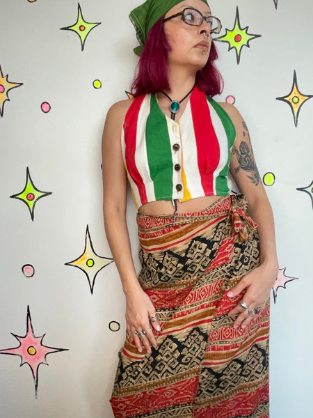Vintage 90s Groovy Cropped Halter Top Red Yellow Stripe Anchor Buttons Sailor - S