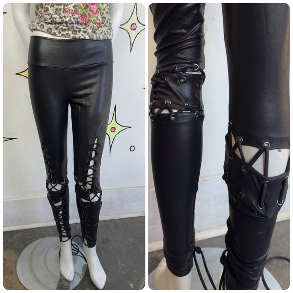 Y2K Black Lace Up Vegan Leather Pants High Rise Goth Punk Rock Glam Leggings – S