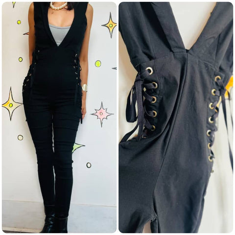 Y2K Black Lace-Up Stretch Catsuit - Fairy Goth Catwoman Layering Piece - S/M