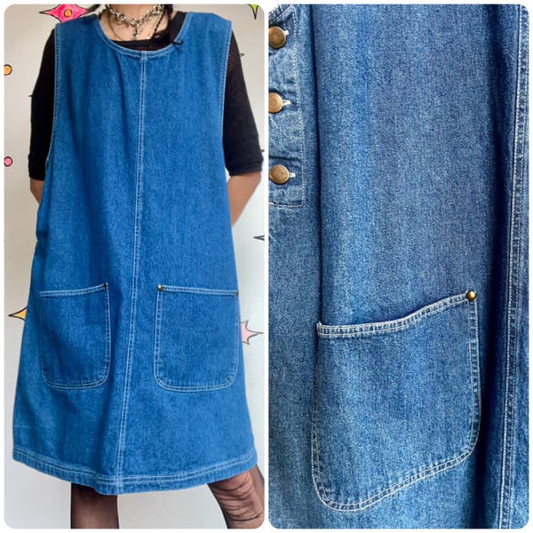 Vintage 90s | Denim Overall Dress Grunge Fruits Streetstyle Emo Mini Dress | XL