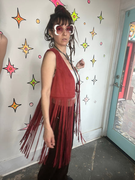 Red Vegan Suede Fringe Vest Western Glam Boho Grunge Festival Vest Cowgirl M