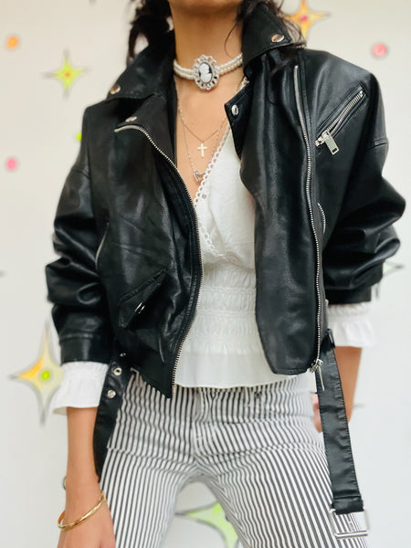 Y2K Black Vegan Moto Leather Jacket – Cropped Goth Grunge Indie Sleaze Glam - S