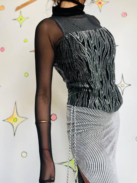 Vintage 90s Joseph Ribkoff Black Mesh Top Silver Zebra Stripe Velvet Burnout S