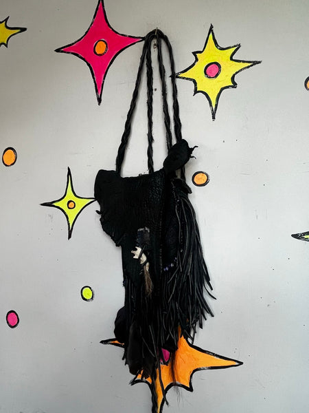 Vintage Leather Witch Bag Medicine Pouch Bone Feather Boho Goth Fringe Western