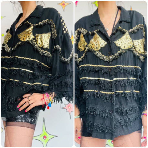 80s Glam Beaded Fringe Crop Top | Black Gold Sequin Festival Party Shirt | Large