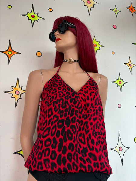 Vintage Red Leopard Print Silk Halter Cami Mob Wife Indie Sleaze Glam Y2K XS