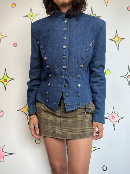 Vintage 90s / Y2K Blue Denim Military Boho Grunge Western Steampunk Jacket | S