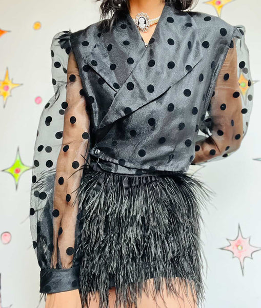 🖤 Vintage 80s Black Polka Dot Whimsy Goth Blazer Top - Sheer Puff Sleeves - S