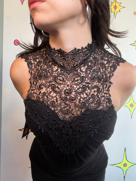 Black Lace Crochet Mini Dress Goth Fairy Grunge Romantic Vamp Layering Dress S