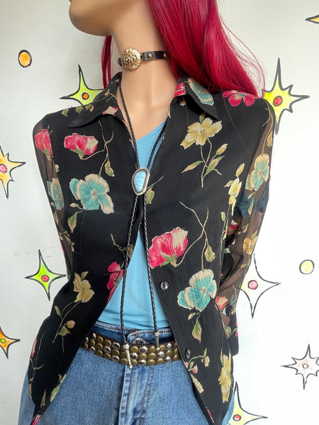 Vintage 90s Express Black Silk Floral Button Up Whimsigoth Dark Romantic M