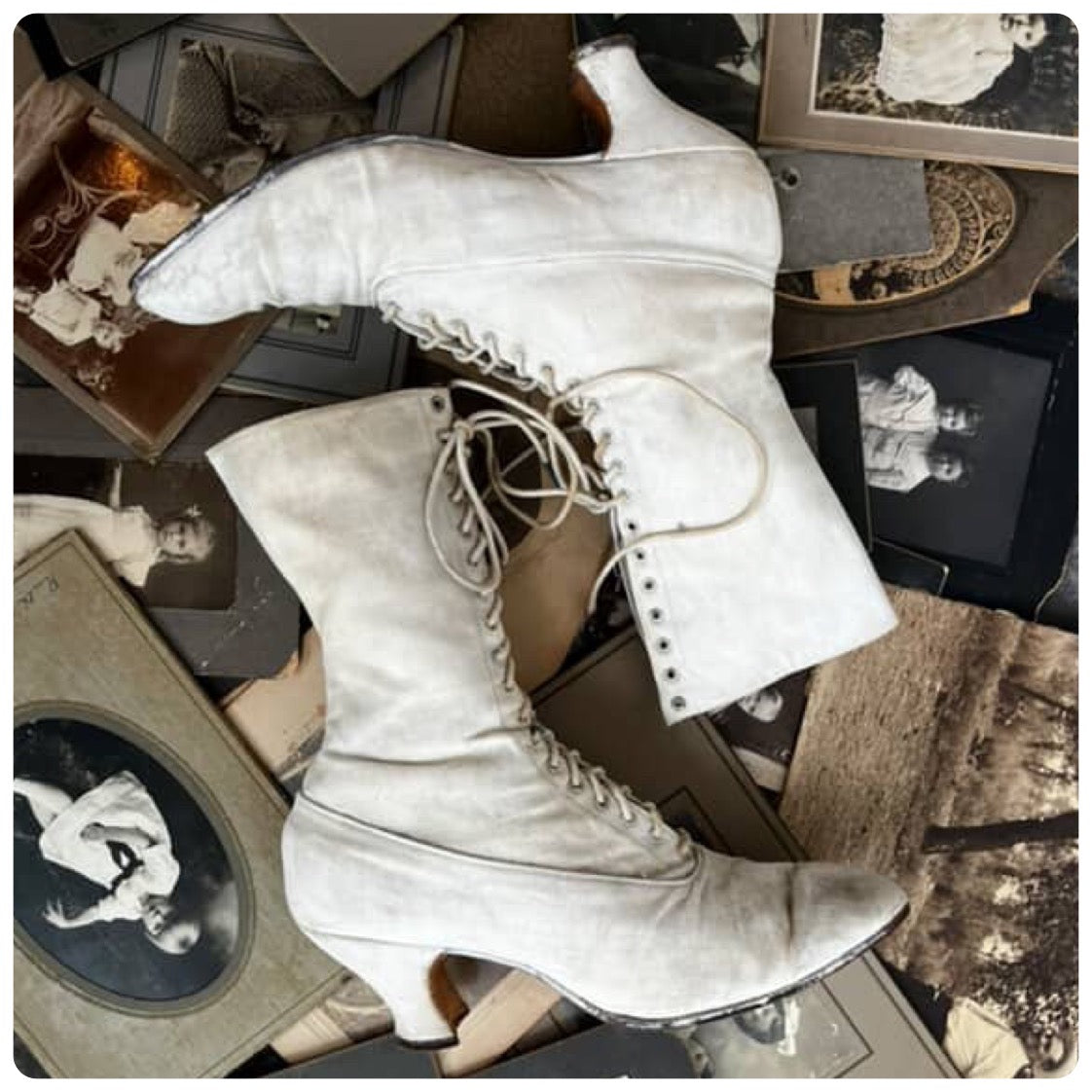 Antique Canvas Victorian Boots | White Pointy Lace Up Wedding Boots | 8 - 8.5