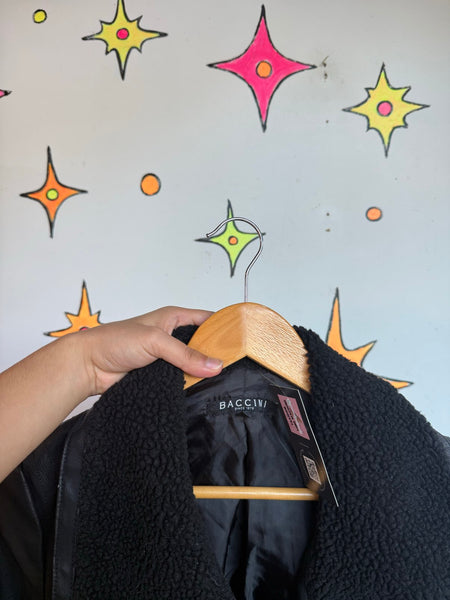 Y2K Vegan Leather Moto Jacket Black Goth Grunge Biker Glam Rocker Cropped M