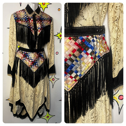 Vintage | Lace Fringe Embellished Rainbow Patchwork Western Dress Set | Size S