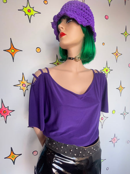 Purple Y2K Off The Shoulder Top Indie Sleaze Glam Stretchy Tunic Top XL