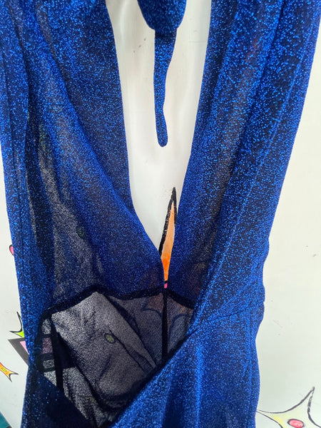 Blue Metallic Glitter Disco Halter Jumpsuit Glam Bellbottom Groovy Retro S