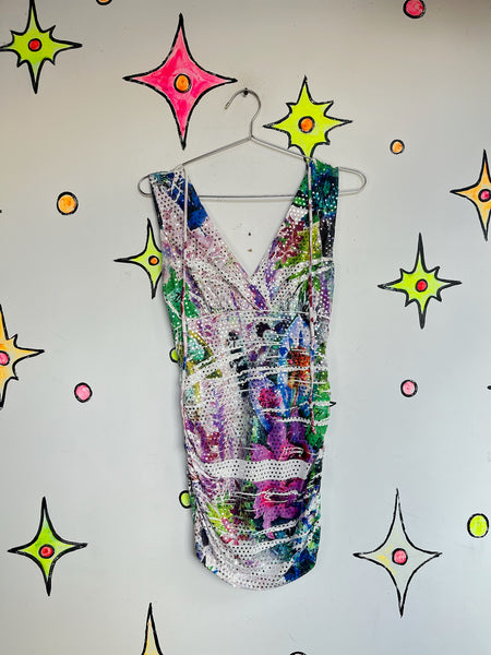 Vintage Y2K Club Dress Rainbow Tattoo Print Metallic Sparkly Halter Mini – M