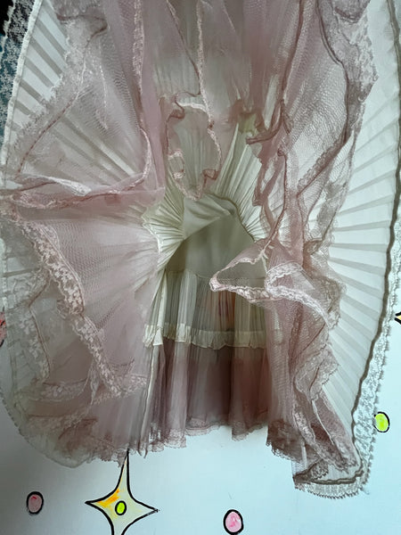 Vintage White Pink Crinoline Ruffles Layered Lace Coquette Babydoll Petticoat M
