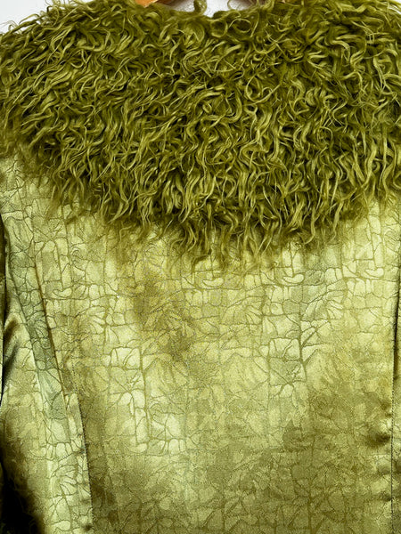 Vintage 90s Y2K Silky Lime Green Robe Boho Grunge Glam Coat w Faux Fur Trim - M