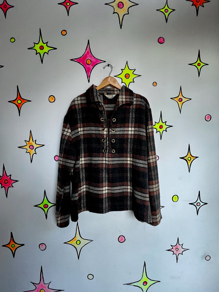 Vintage 60s Rawhide Lacer Brown Plaid Pullover Wool Shirt | Workwear Flannel XL
