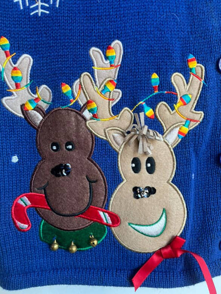 Vintage 90s Embellished Ugly Christmas Sweater Vest Blue Reindeer Snowflake | M