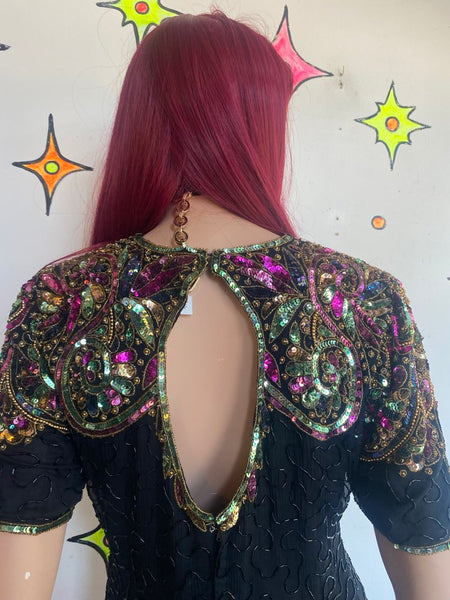 True Vintage 80s Funky Swirly Sequined Silk Midi Dress Formal Editorial Glam L