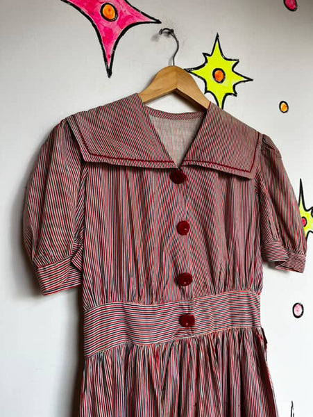 Vintage 1940s Striped Nautical Sailor Costume Dress Handmade Pinup Seaside 6 - 8