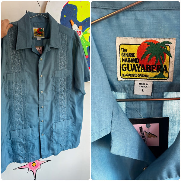 Vintage | Blue Men's Guayabera Haband Embroidered Shirt | Size L