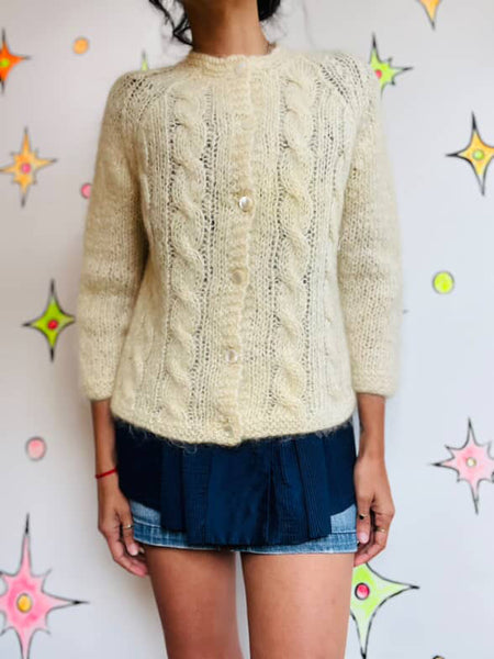 Vintage 50s Ivory Mohair Cardigan Sweater - Soft Cozy Retro Knit - Small