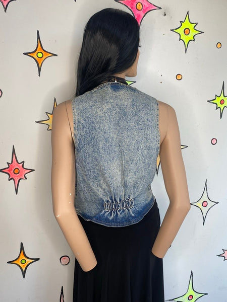 Vintage 80s 90s Cropped Floral Denim Vest ' Grunge Boho Retro Jean Vest - M
