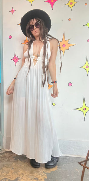 Y2K White Resort Maxi Dress Coastal Cowgirl Boho Cruise Goddess Dress Small