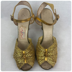 1930s Art Deco Strappy Metallic Gold Lame Woven Peep Toe Heels US Size 7